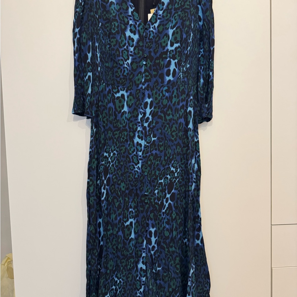 Whistles Blue and Green Leopard-Print Midi Dress